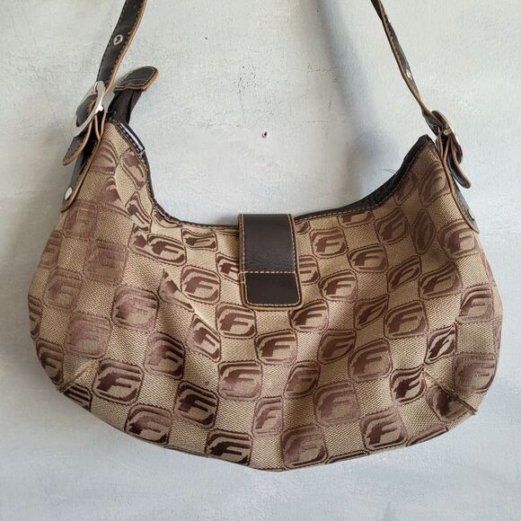 Fubu Monogram Baguette Shoulder Bag Y2k 00s Buckle Brown 12 x 7 VTG - Picture 2 of 10